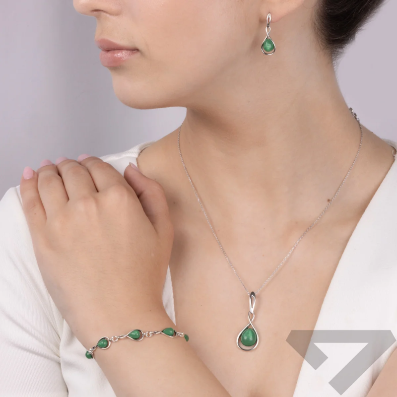Bransoleta srebrna krople z zielonym uleksytem jubilerskim AG x8 SZ320 zielony próba 925