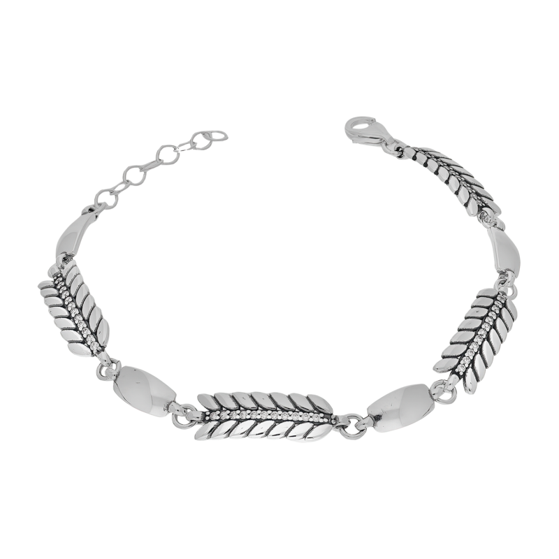 Bransoleta srebrna listki z cyrkoniami i gładkie elementy SZ331 próba 925