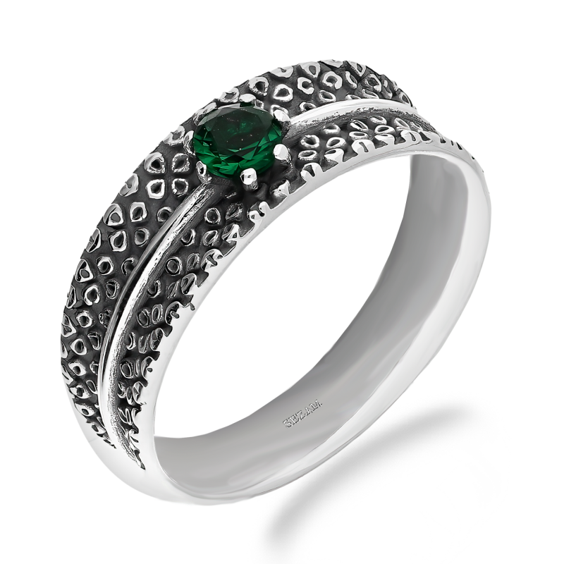Pierścionek srebrny zdobiony z zieloną cyrkonią SZ338 zielony próba 925