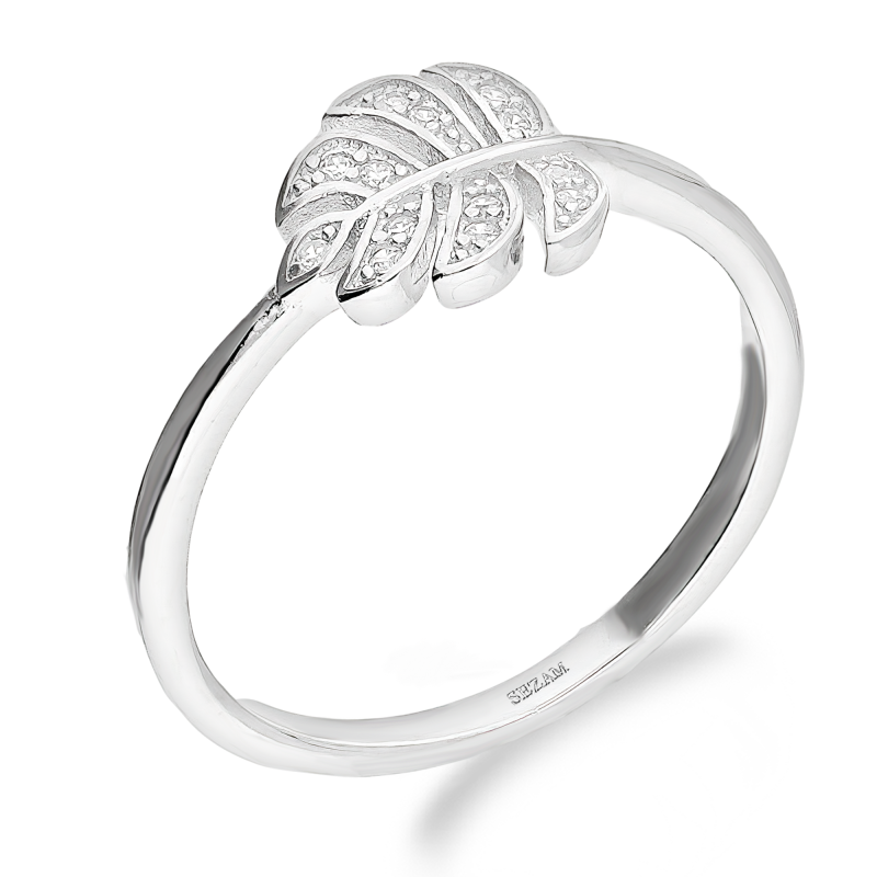 Pierścionek srebrny liść monstery z białymi cyrkoniami TB 20561 próba 925