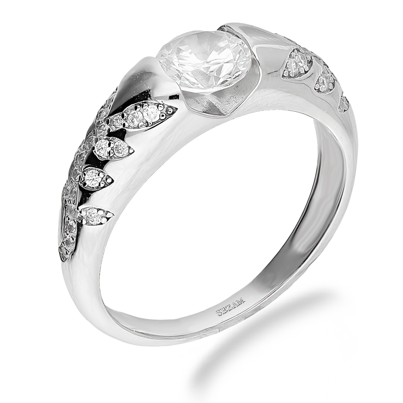 Pierścionek srebrny okrągła cyrkonia i liście z cyrkoniami TB 20976 próba 925