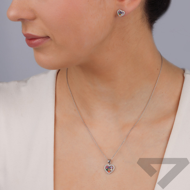 Komplet srebrny kolczyki i zawieszka serce z kolorowymi cyrkoniami HS1868 próba 925