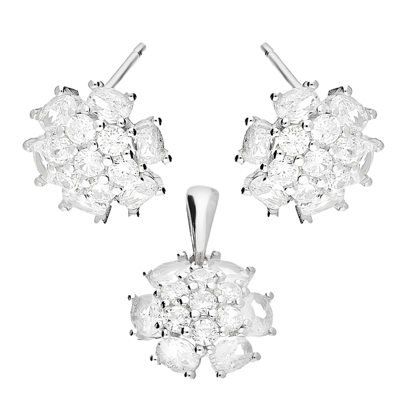 Komplet srebrny kolczyki i zawieszka kwiat z białymi cyrkoniami TB 21787 próba 925