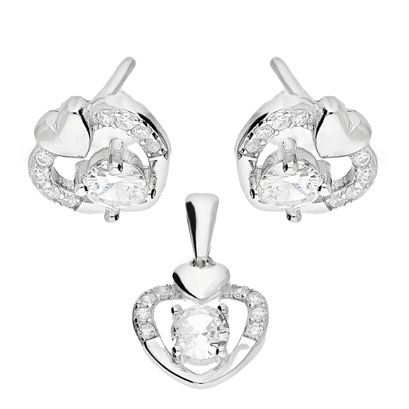Komplet srebrny kolczyki i zawieszka serce z cyrkoniami TB 21788 próba 925