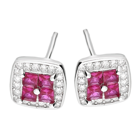 Kolczyki srebrne kwadrat z c.różowymi cyrkoniami/sztyft TB 21822 próba 925