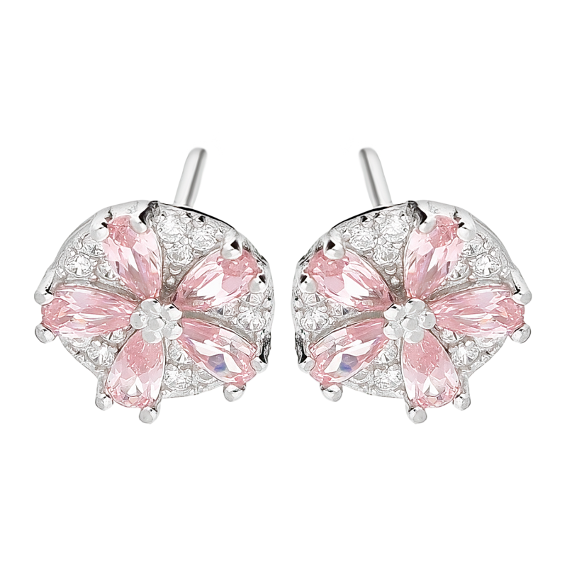 Kolczyki srebrne kwiatek z różowymi cyrkoniami w kole/sztyft TB 21838 próba 925