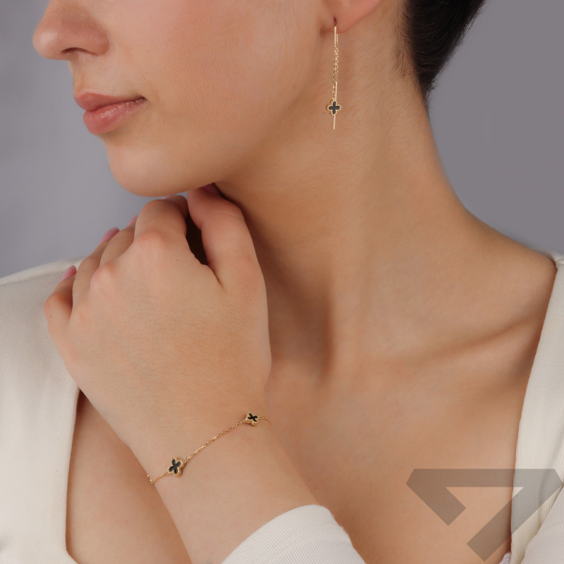 Kolczyki złote koniczyna z czarną emalią i kulkami bead/pałąk AR KR(X3-X5)FOR6EB1523-AC próba 375