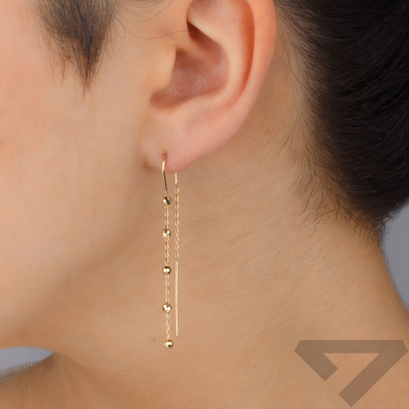 Kolczyki złote wiszące przeciągane grawerowane kulki na ankerze