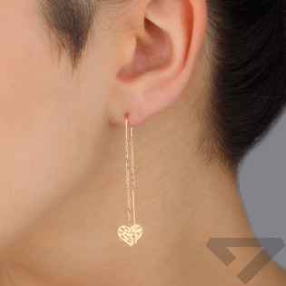 Kolczyki złote wiszące przeciągane ażurowe serce na ankerze
