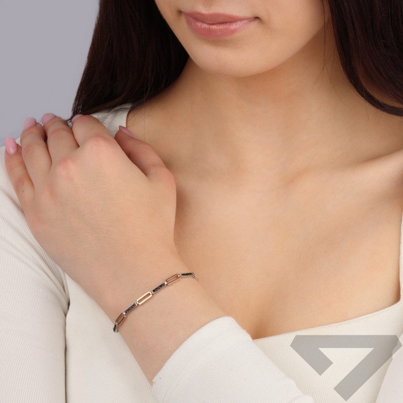 Bransoleta srebrna owalne ramki i czarne cyrkonie PX 1009 BL_AU375 blaszka gold