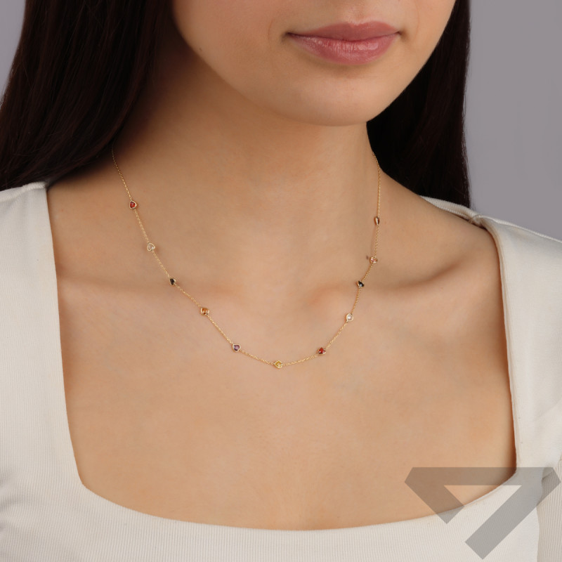 Naszyjnik złoty serca z kolorowymi cyrkoniami/anker S3 EG-5553 próba 375