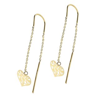Kolczyki złote wiszące przeciągane ażurowe serce na ankerze