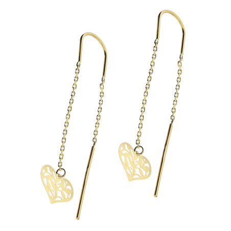 Kolczyki złote wiszące przeciągane ażurowe serce na ankerze