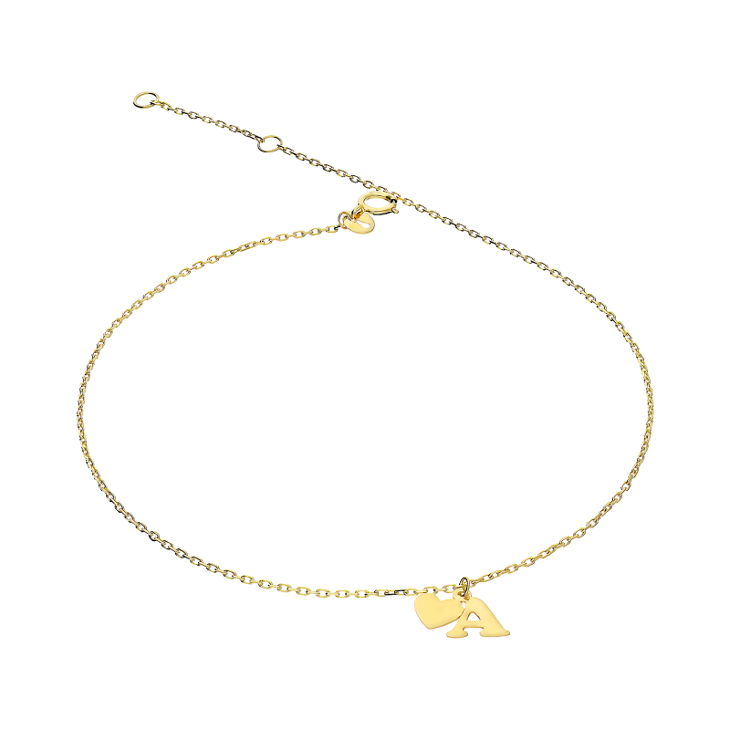 Bransoleta złota na nogę z literką A i serduszkiem AR VX4FOR6B10721-1-A-noga próba 375
