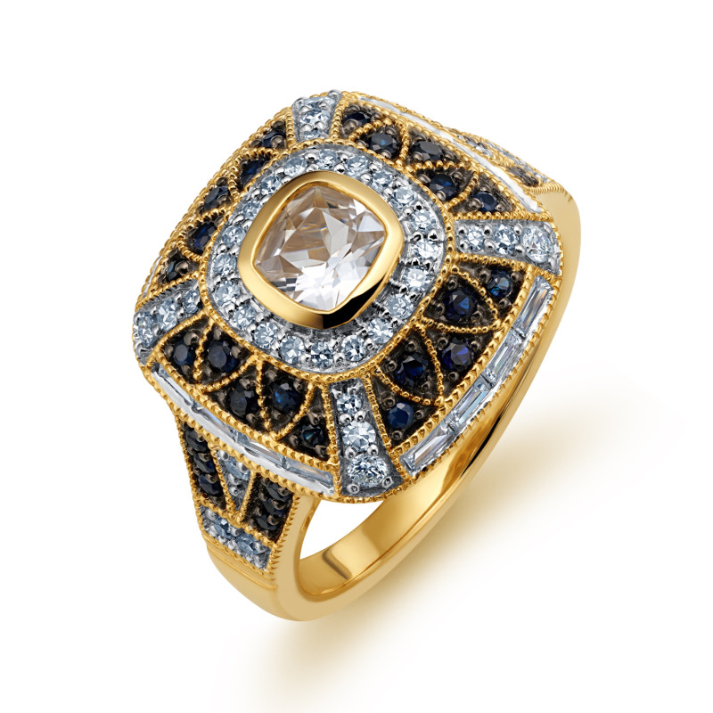 Pierścionek zaręczynowy z białym Topazem, szafirami i diamentami LC R54302 SAPWTOPY