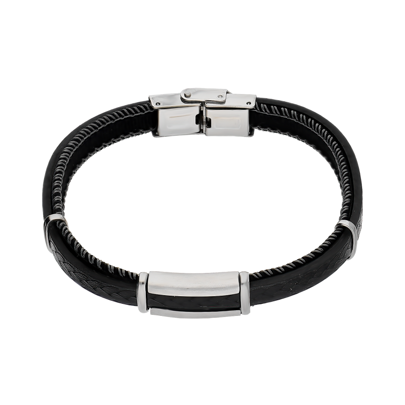 Bransoleta męska blaszka na skórzanym pasku EX BRX1905N BLACK