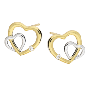 Kolczyki złote dwa serca i cyrkonia