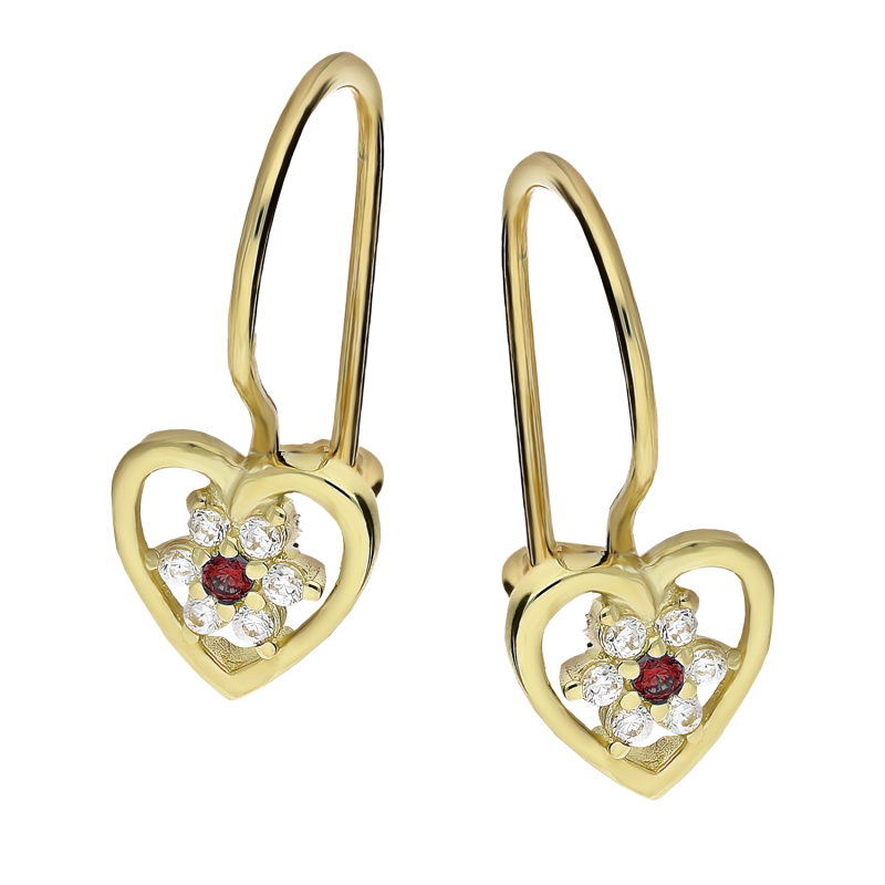 Kolczyki złote dla dziewczynki serce z kwiatkiem z cyrkoniami próba 585