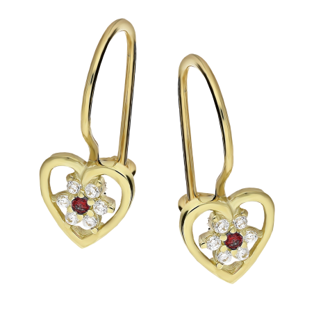 Kolczyki złote dla dziewczynki serce z kwiatkiem z cyrkoniami próba 585