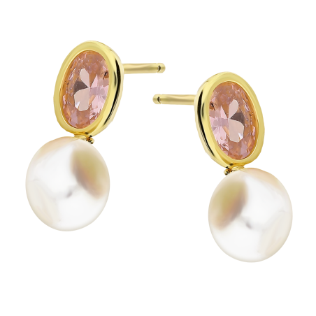 Kolczyki pozłacane biała perła i różowa cyrkonia/sztyft NI ORZ00116 GOLD PI próba 925