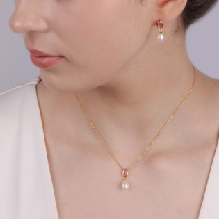 Kolczyki pozłacane biała perła i różowa cyrkonia/sztyft NI ORZ00116 GOLD PI próba 925