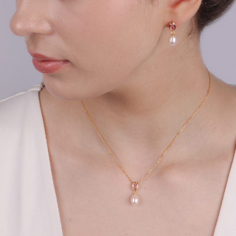 Kolczyki pozłacane biała perła i różowa cyrkonia/sztyft NI ORZ00116 GOLD PI próba 925