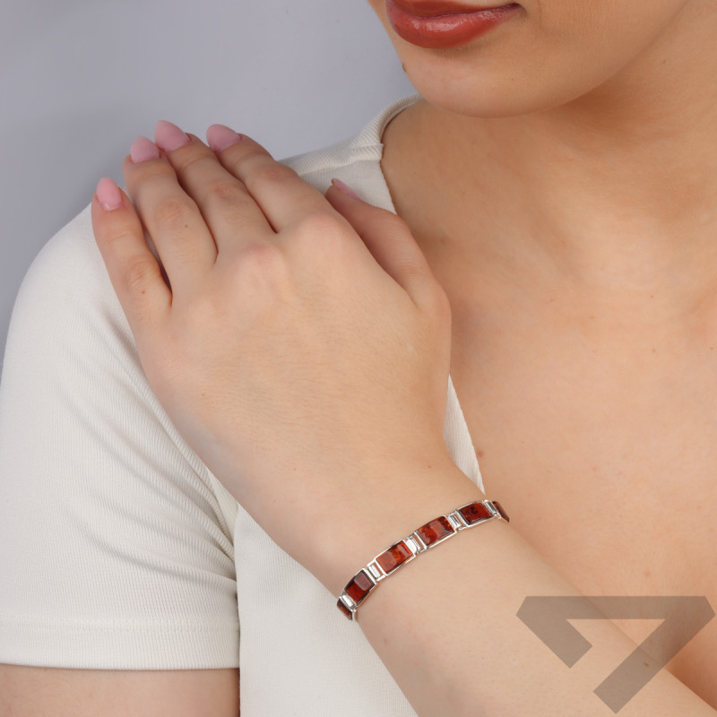 Bransoleta srebrna z bursztynami miodowymi w prostokątach AG MG 171-miodowy próba 925