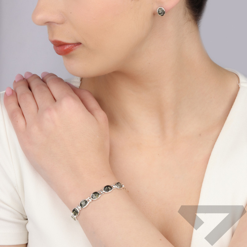 Bransoleta srebrna zielone bursztyny w okrągłych ramkach MG 173-zielony próba 925