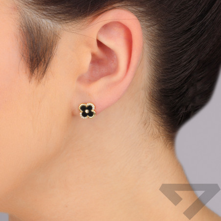 Kolczyki pozłacane koniczyna z czarną emalią/sztyft HS1983 czarna próba 925