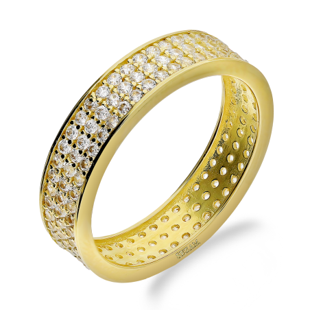 Pierścionek złoty rings z trzema rzędami białych cyrkonii