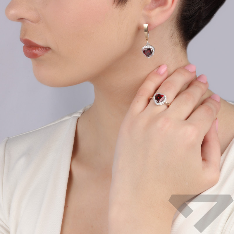 Kolczyki srebrne serce z czerwoną cyrkonią i złotą blaszką/ang.zap. PX 693 RE_AU375 blaszka gold