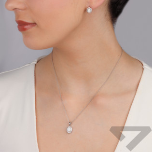 Komplet srebrny kolczyki i zawieszka owal z opalem i cyrkoniami HS712 próba 925