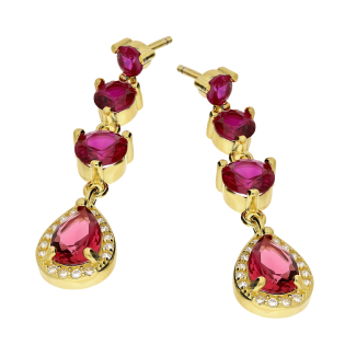 Kolczyki pozłacane kropla i fuksjowe cyrkonie/sztyft PW A0660 fuksja GOLD próba 925