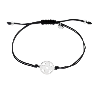 Bransoleta srebrna kwiat w kole na czarnym sznurku PW NEW 167 ROD czarny próba 925