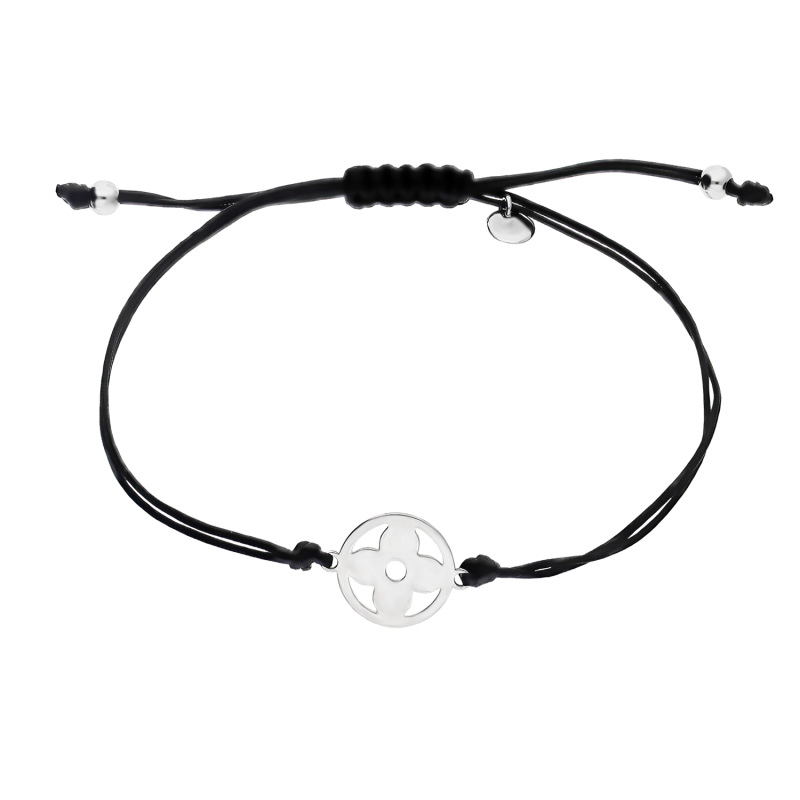 Bransoleta srebrna kwiat w kole na czarnym sznurku PW NEW 167 ROD czarny próba 925