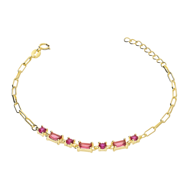 Pozłacana Bransoletka Srebrna z Fuksjowymi Cyrkoniami - JubilerSezam.pl