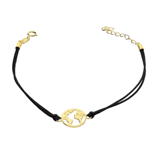 Bransoleta pozłacana kula ziemska na czarnym sznurku PW571-1 GOLD czarny próba 925