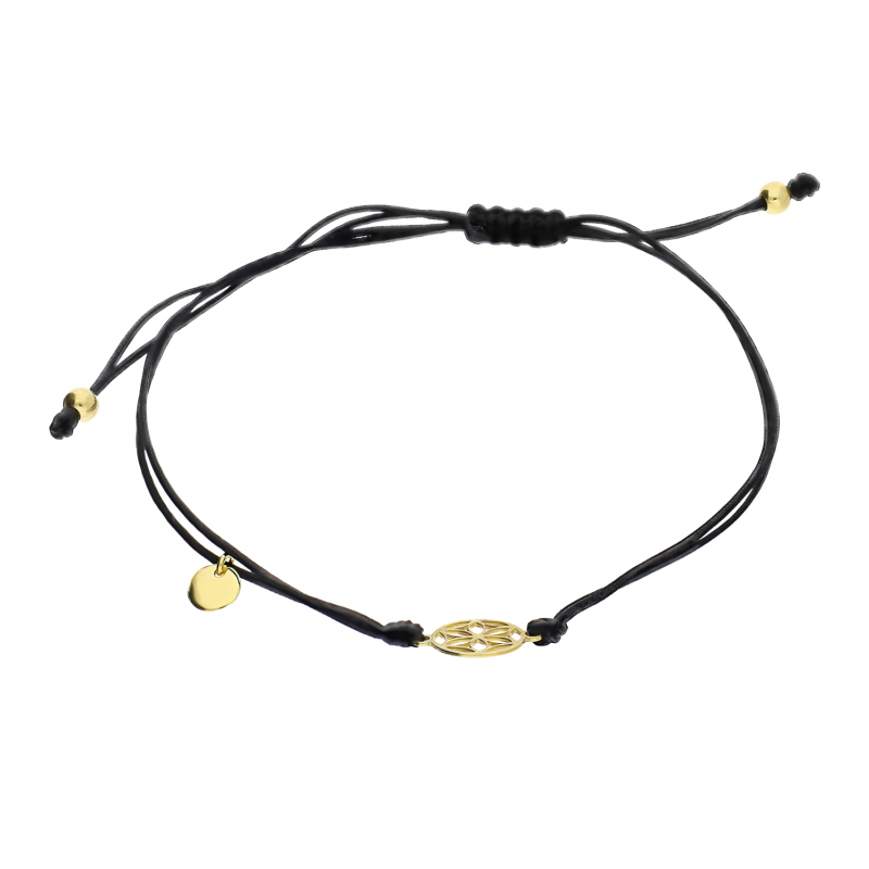 Bransoleta pozłacana ażurowy kwiat w kole na czarnym sznurku PW573 GOLD czarny próba 925