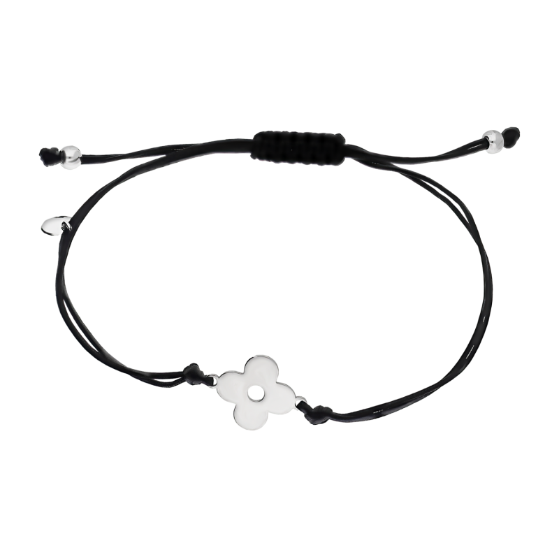 Bransoleta srebrna kwiat na czarnym sznurku PW576 ROD czarny próba 925