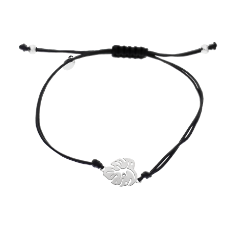 Bransoleta srebrna liść monstery na czarnym sznurku PW597 ROD czarny próba 925