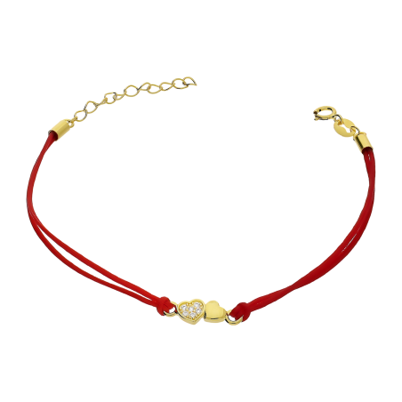 Bransoleta pozłacana dwa serca na czerwonym sznurku PW600 GOLD czerwony próba 925
