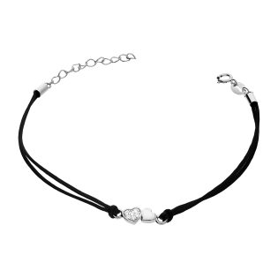 Bransoleta srebrna dwa serca na czarnym sznurku PW600 ROD czarny próba 925