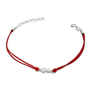 Bransoleta srebrna dwa serca na czerwonym sznurku PW600 ROD czerwony próba 925