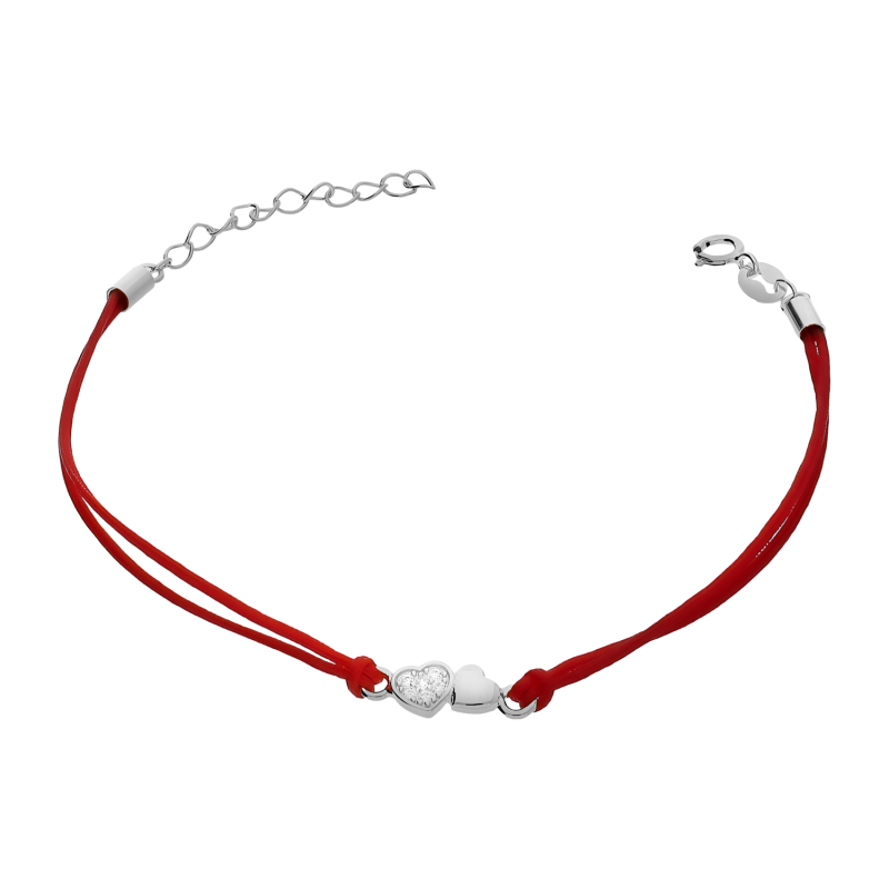 Bransoleta srebrna dwa serca na czerwonym sznurku PW600 ROD czerwony próba 925