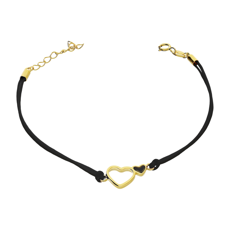 Bransoleta pozłacana dwa serca na czarnym sznurku PW601 GOLD czarny próba 925