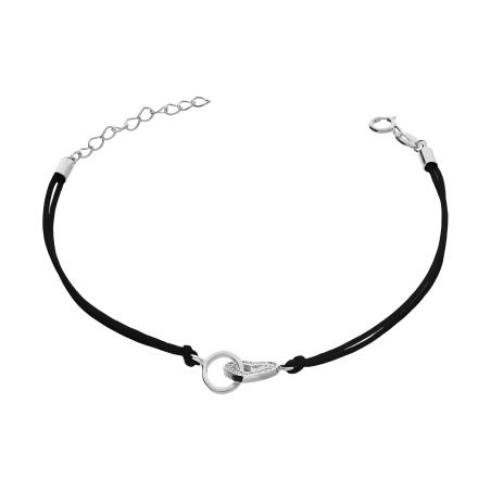 Bransoleta srebrna koło i serce z cyrkoniami na czarnym sznurku PW602 ROD czarny próba 925