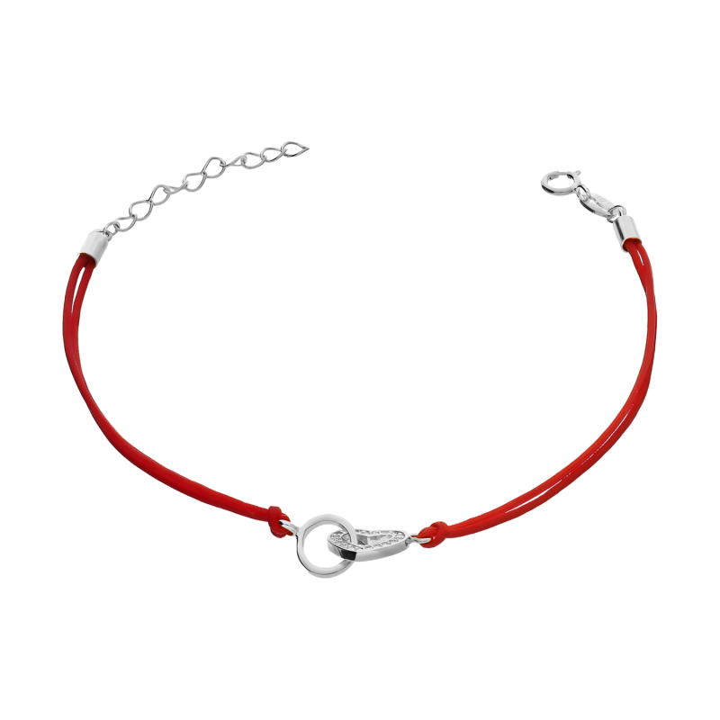 Bransoleta srebrna koło i serce z cyrkoniami na czerwonym sznurku PW602 ROD czerwony próba 925