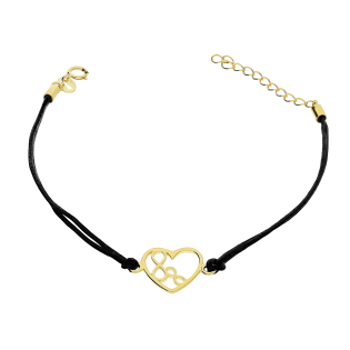 Bransoleta pozłacana serce z dwoma infinity na czarnym sznurku PW605 GOLD czarny próba 925