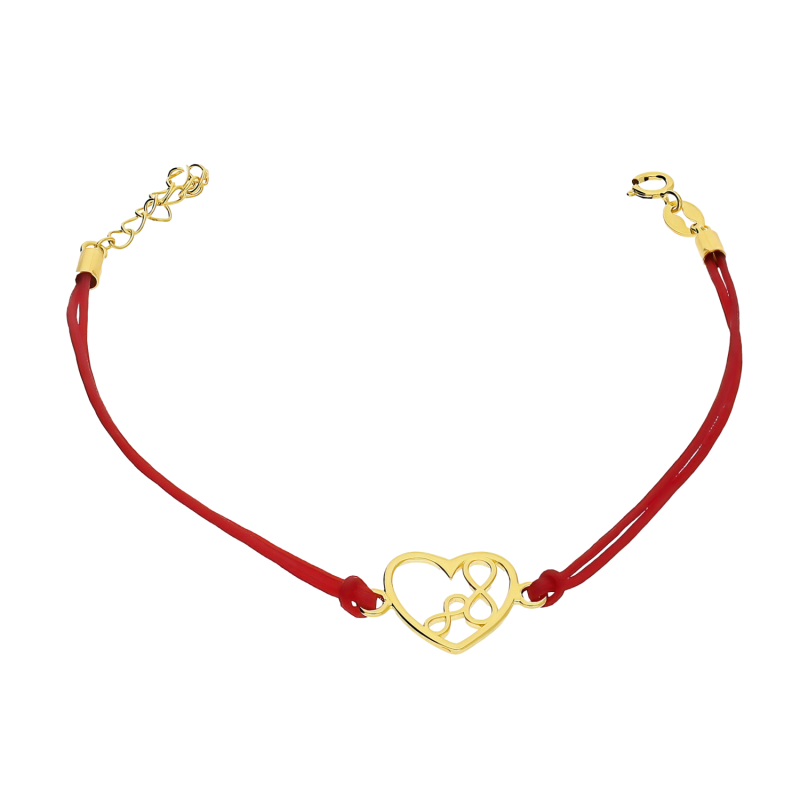 Bransoleta pozłacana serce z dwoma infinity na czerwonym sznurku PW605 GOLD czerwony próba 925