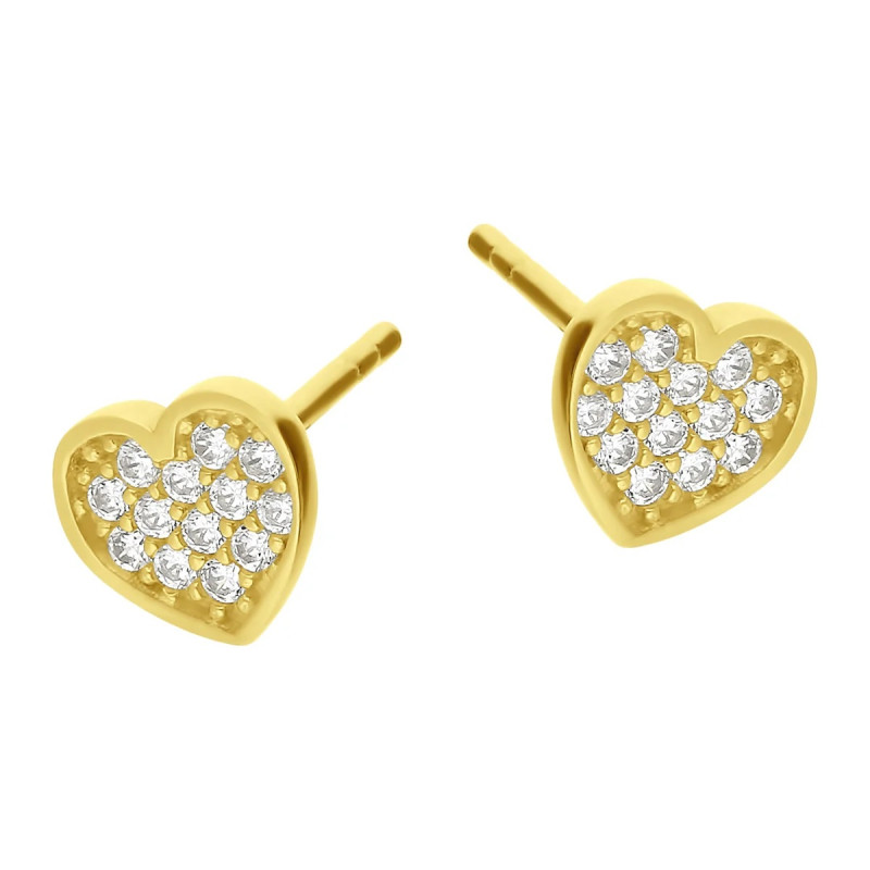Kolczyki złote serce z białymi cyrkoniami zapinane na sztyft próba 375
